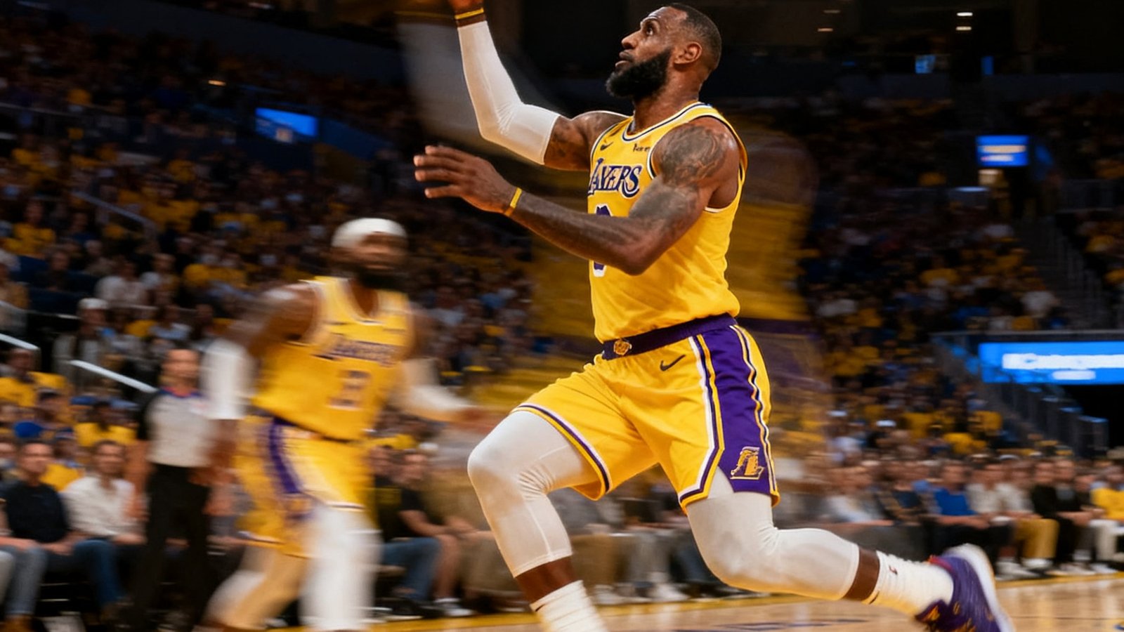NBA常规赛湖人对阵勇士全场精彩回放缩略图，詹姆斯突破上篮的瞬间，背景显示比分108比102